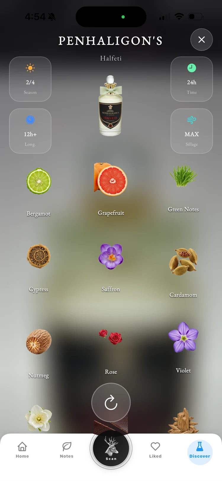 Fragnatique offline perfume scanner identifying a Penhaligon's Halfeti bottle with notes, longevity, sillage, and personal match score