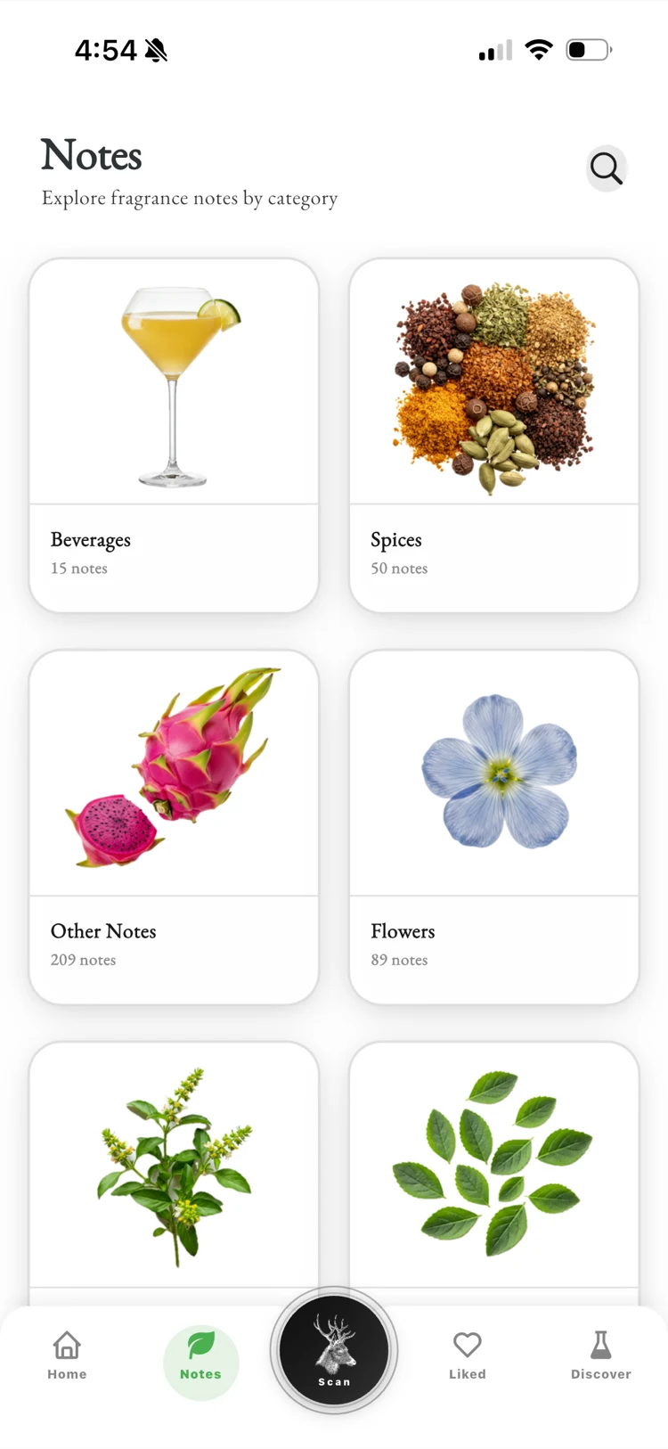 Fragnatique notes explorer, browsing 680+ atomic fragrance notes by olfactory category