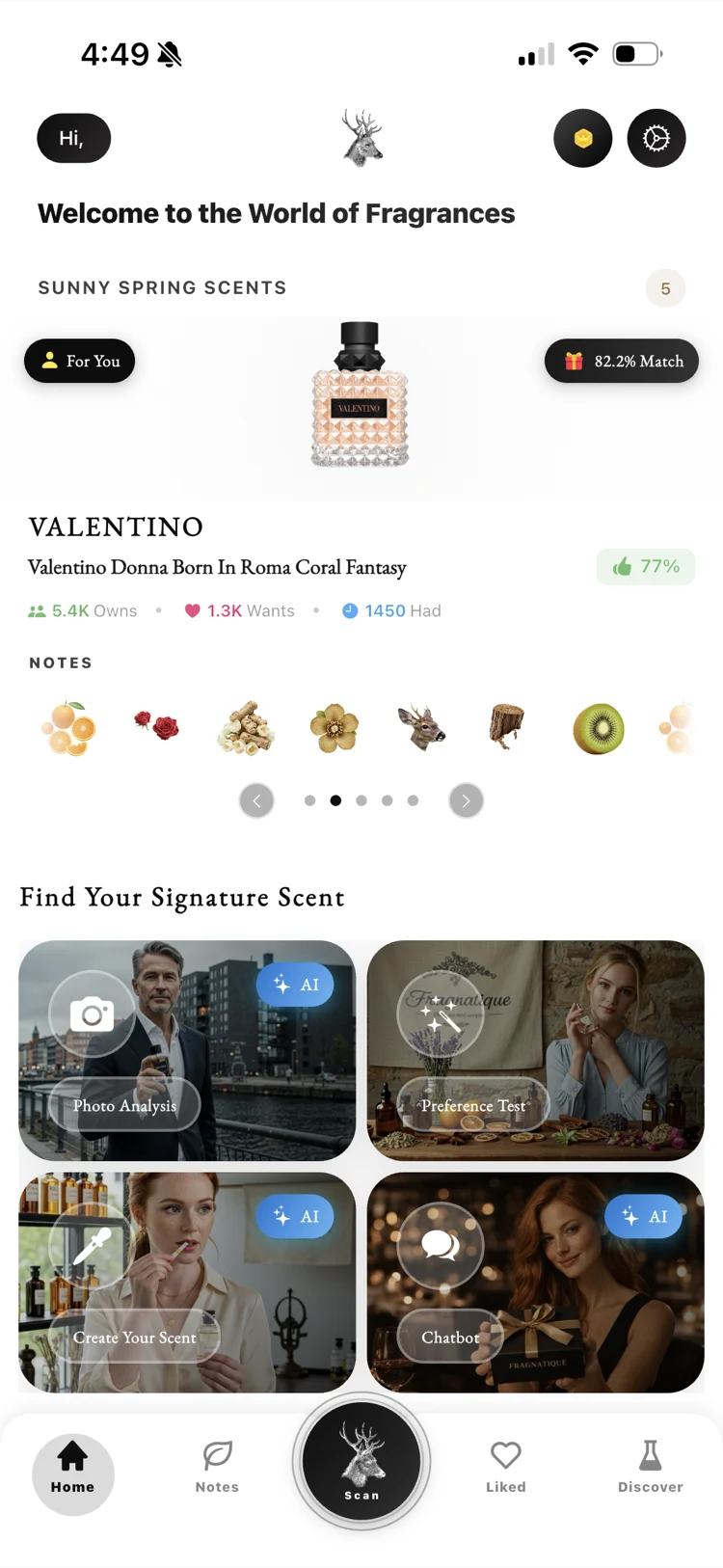 Fragnatique AI perfume advisor home screen with daily picks and personal match score across 3,000 fragrances