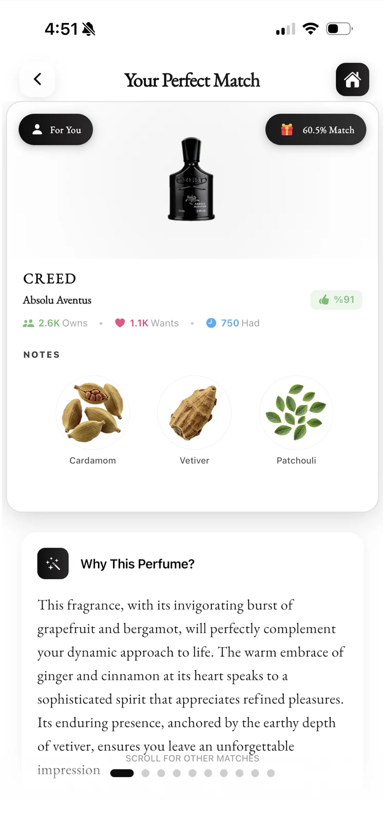 Fragnatique match score result for Creed Aventus with written reasoning explaining note-by-note compatibility