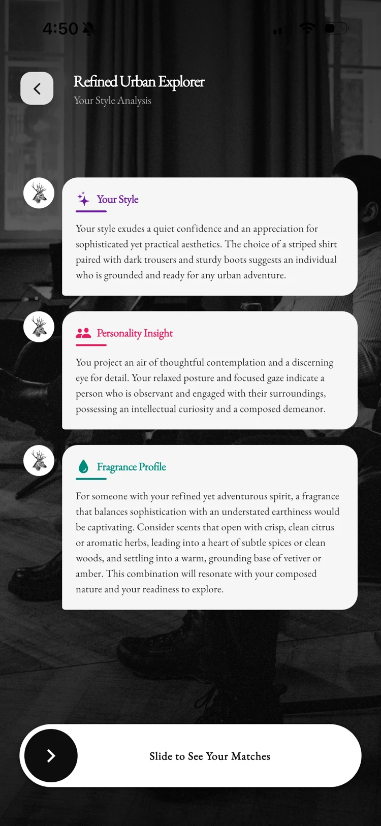 Fragnatique style archetype output: Refined Urban Explorer with three-layer personality analysis and matching fragrance profile