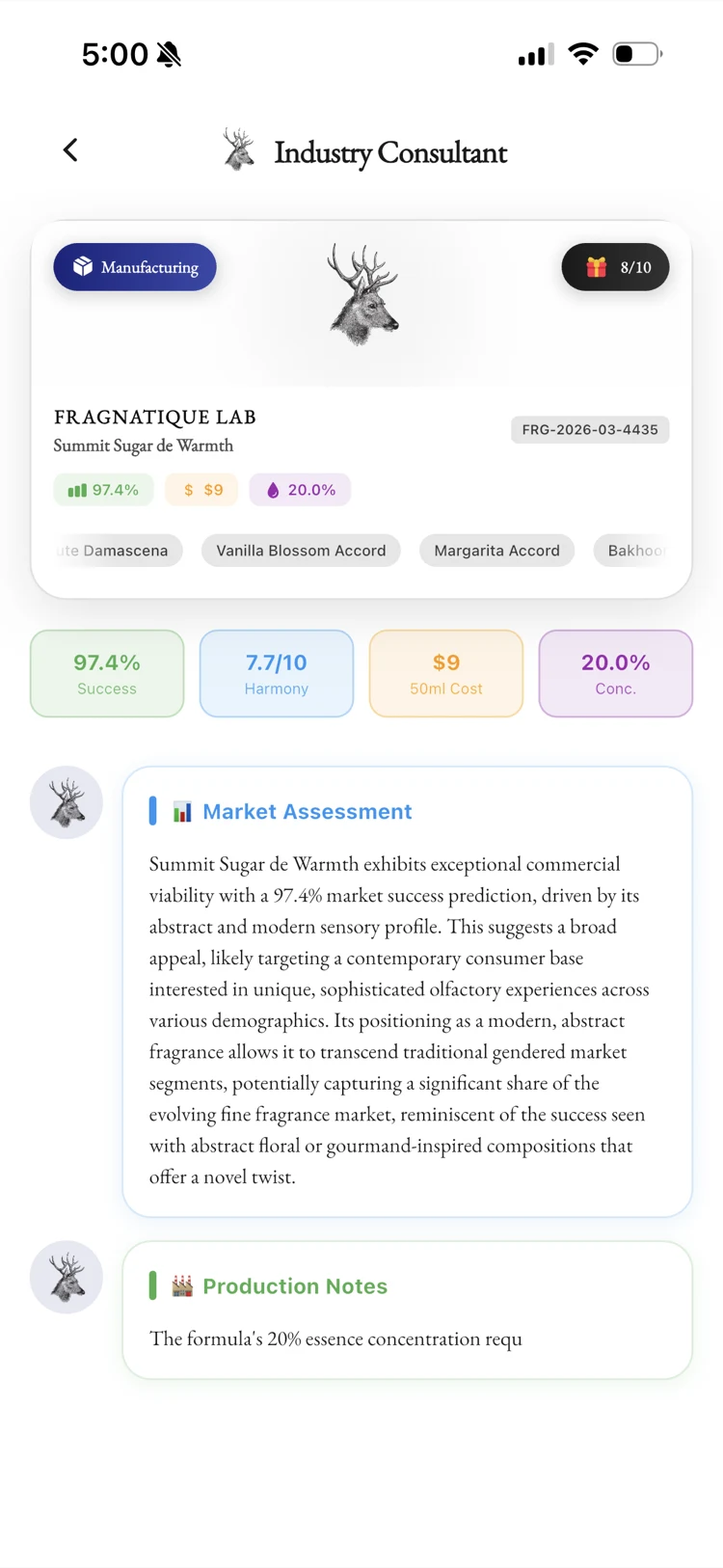 Fragnatique Industry Consultant market assessment with success prediction, cost-per-50ml, and positioning notes for an indie perfumer