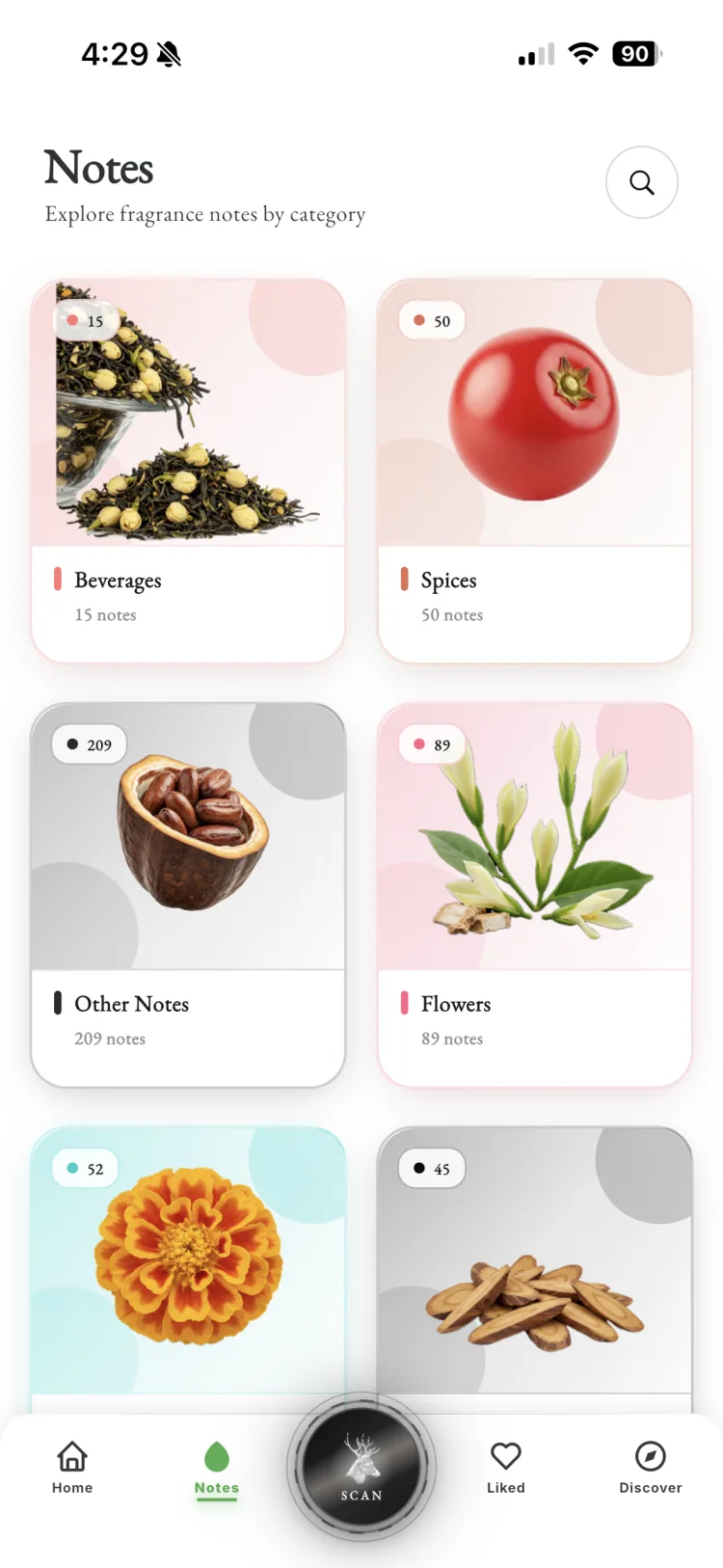 Fragnatique notes explorer browsing atomic fragrance notes across beverages, spices, flowers, and other olfactory categories