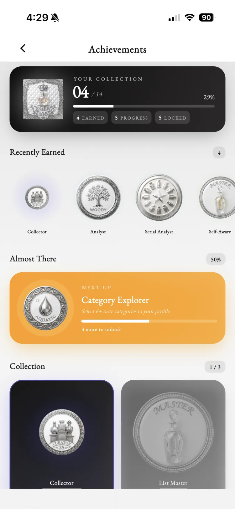 Fragnatique Achievements screen visualising earned, in-progress, and locked badges as you explore fragrances