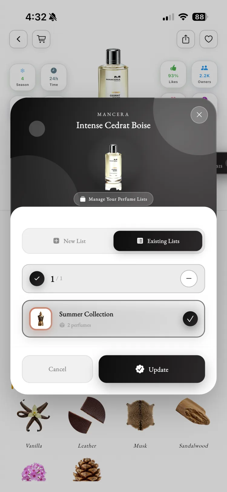 Fragnatique add to list panel filing Mancera Intense Cedrat Boise into a personal perfume collection