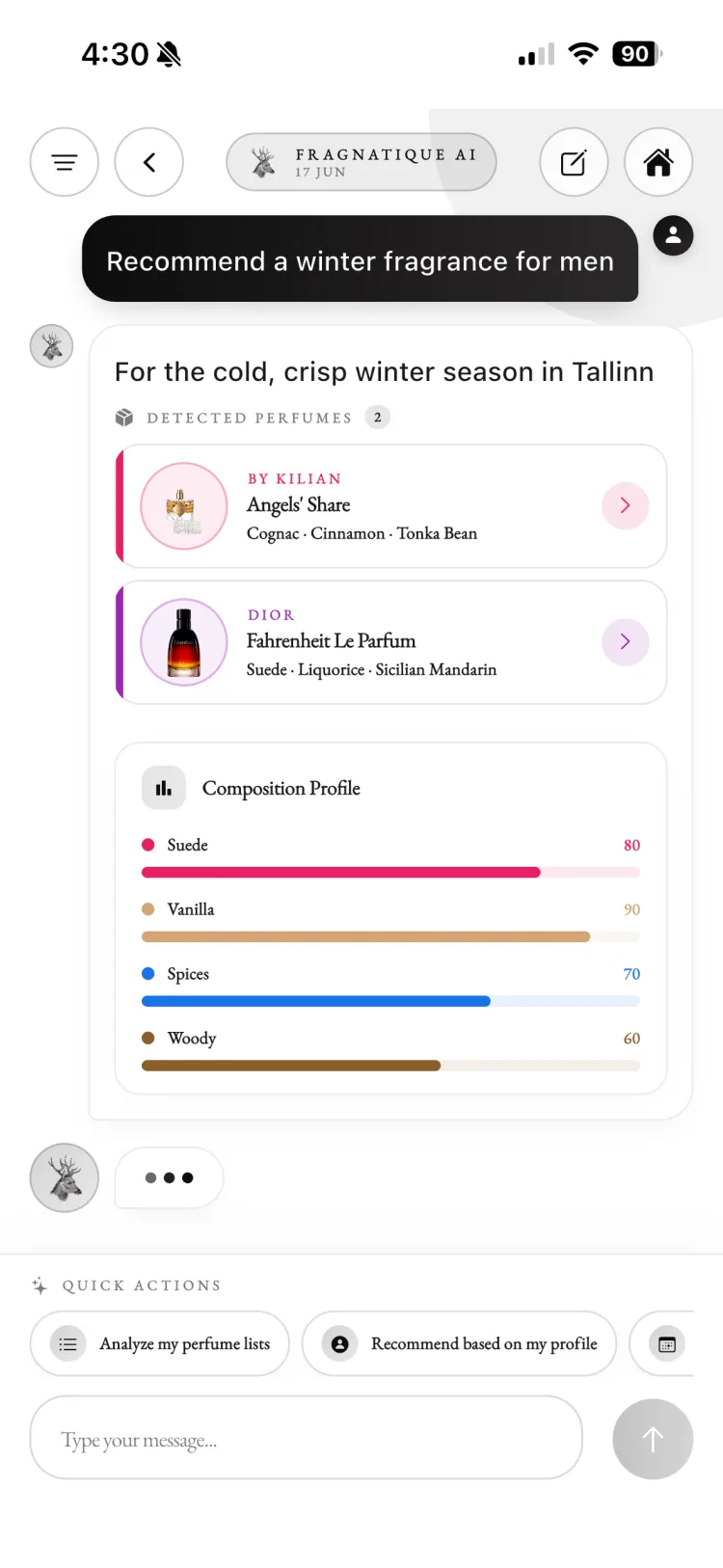 Fragnatique AI consultant chat recommending a winter fragrance with detected perfumes and a composition profile