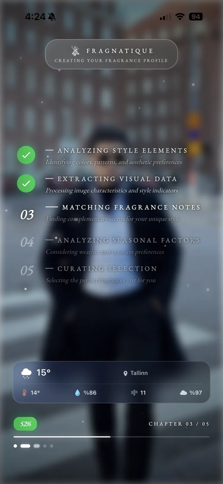 Fragnatique AI photo and style analysis reading visual data, matching fragrance notes, and curating a selection from a single photo