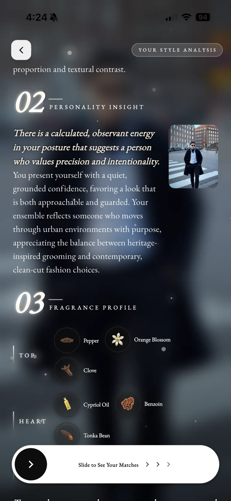Fragnatique style analysis breaking a photo into Personality Insight and a Fragrance Profile with top, heart, and base note suggestions