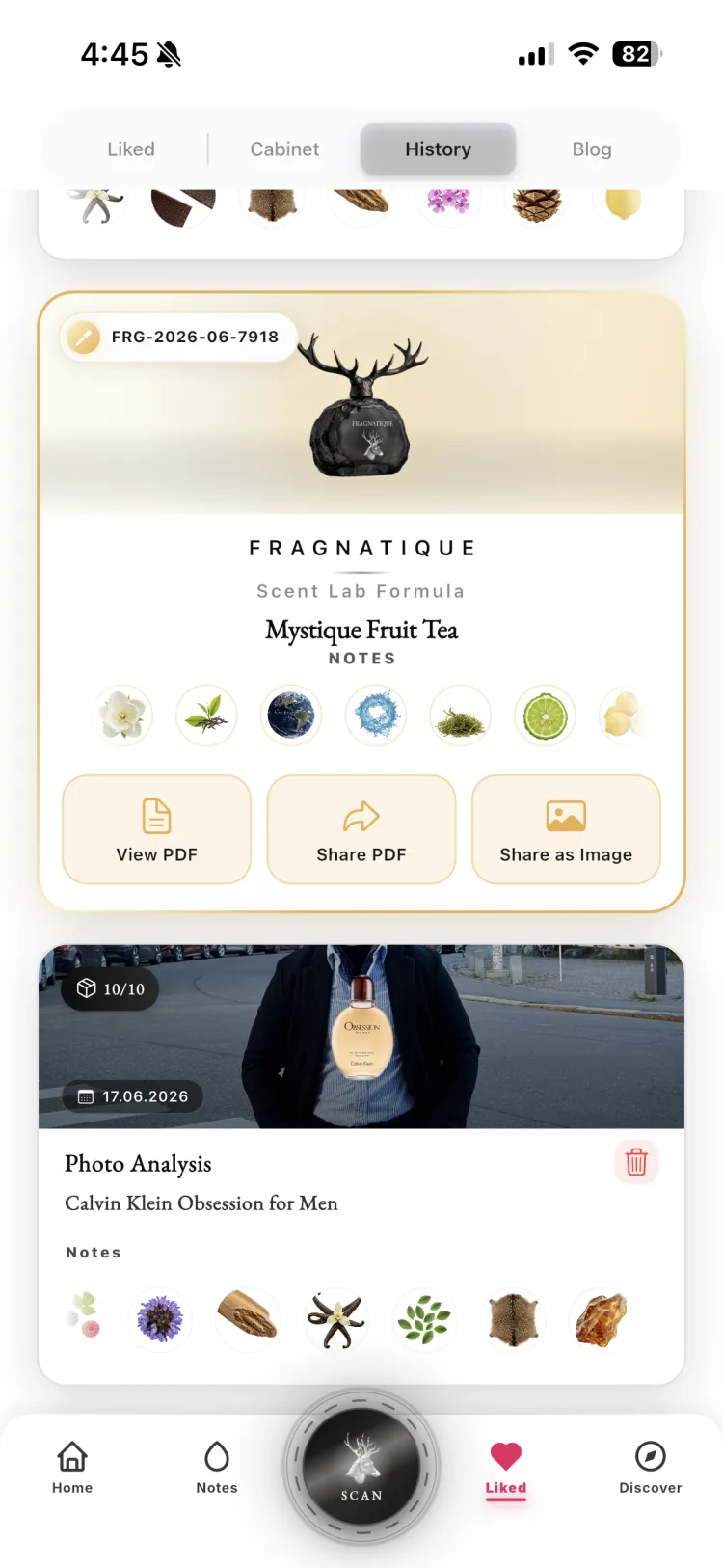 Fragnatique history timeline of past Scent Lab formulas and photo analyses, each saved with its document and notes