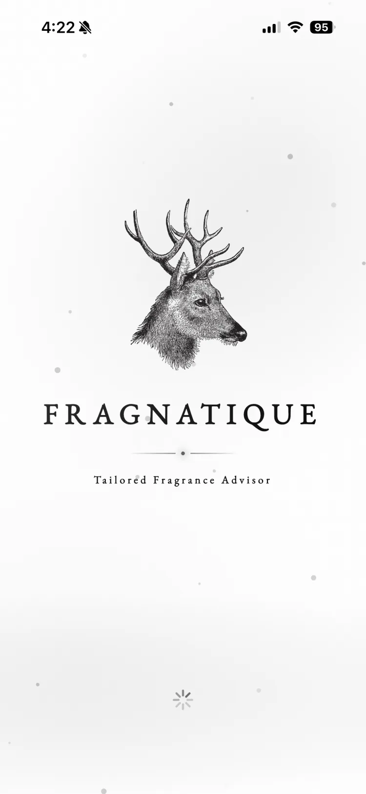 Fragnatique launch screen, the tailored fragrance advisor opening up