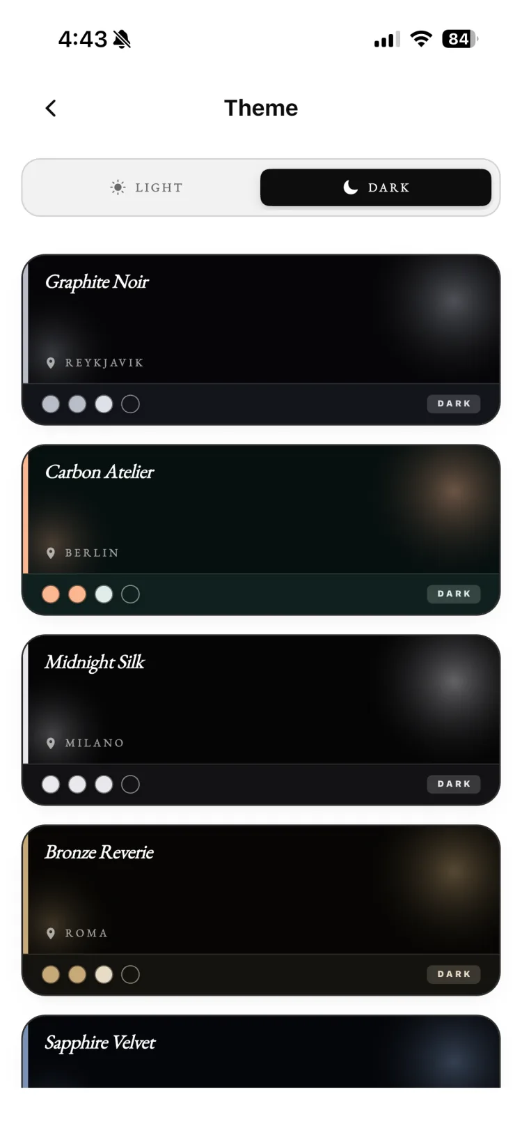 Fragnatique theme customization with light and dark palettes named Graphite Noir, Carbon Atelier, and Midnight Silk