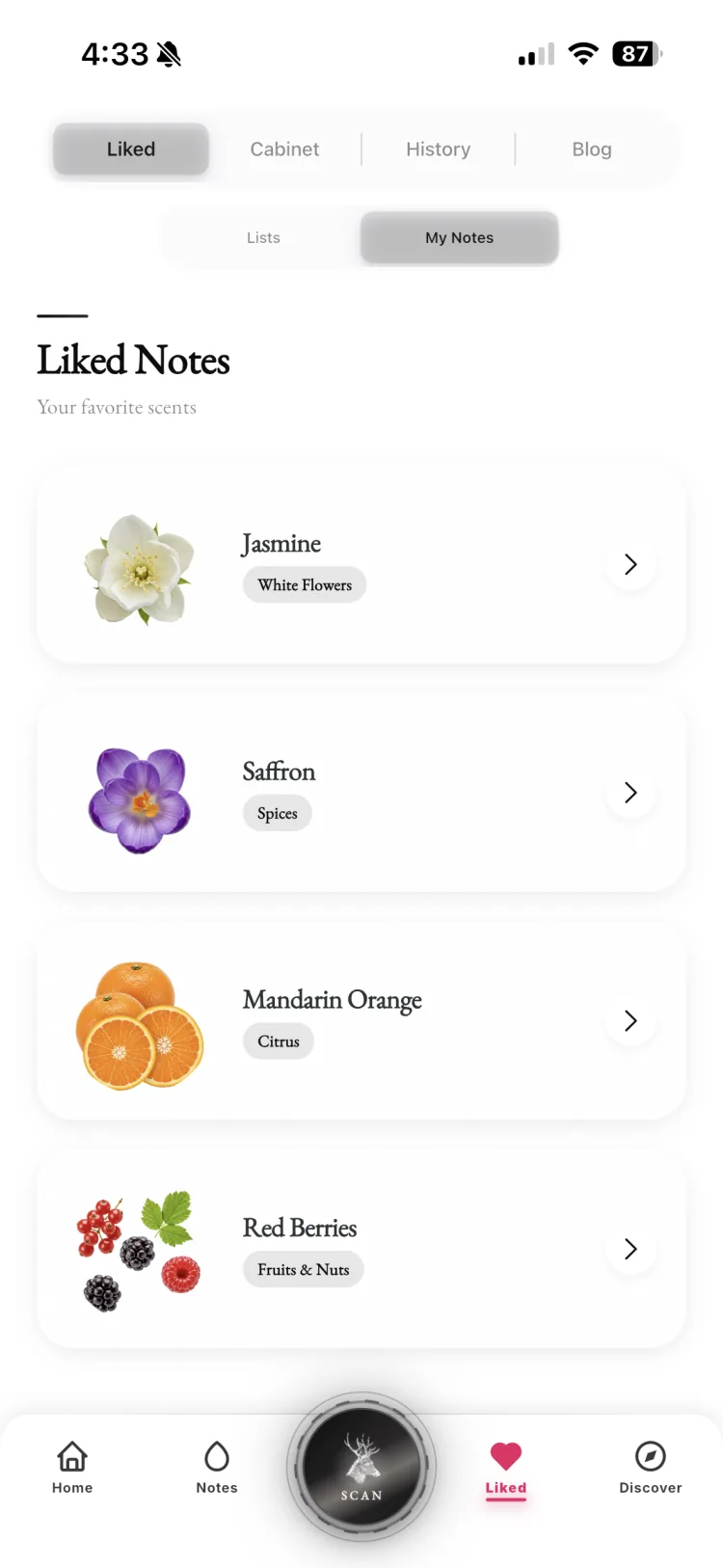 Fragnatique liked notes screen collecting your favorite scents such as jasmine, saffron, mandarin orange, and red berries