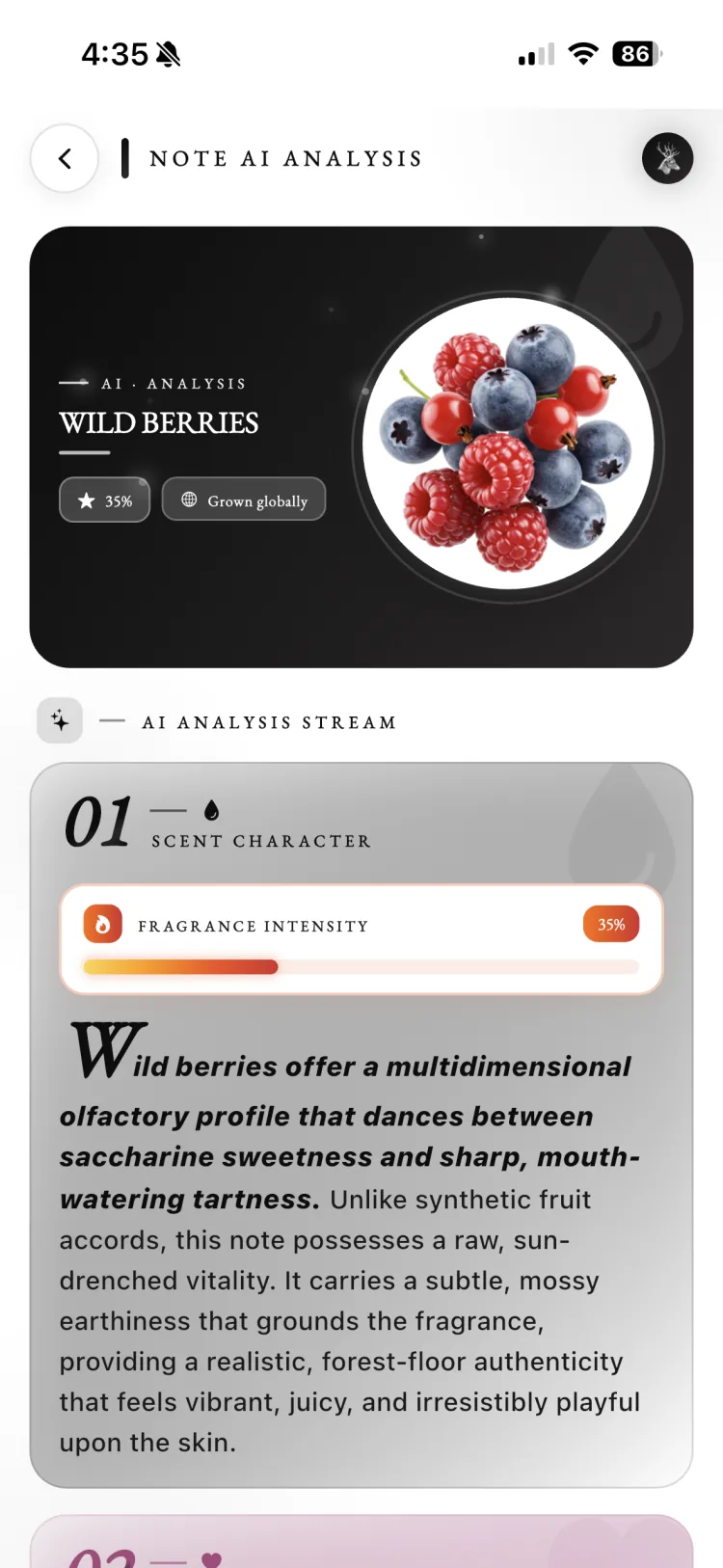 Fragnatique note AI analysis describing the scent character and fragrance intensity of wild berries