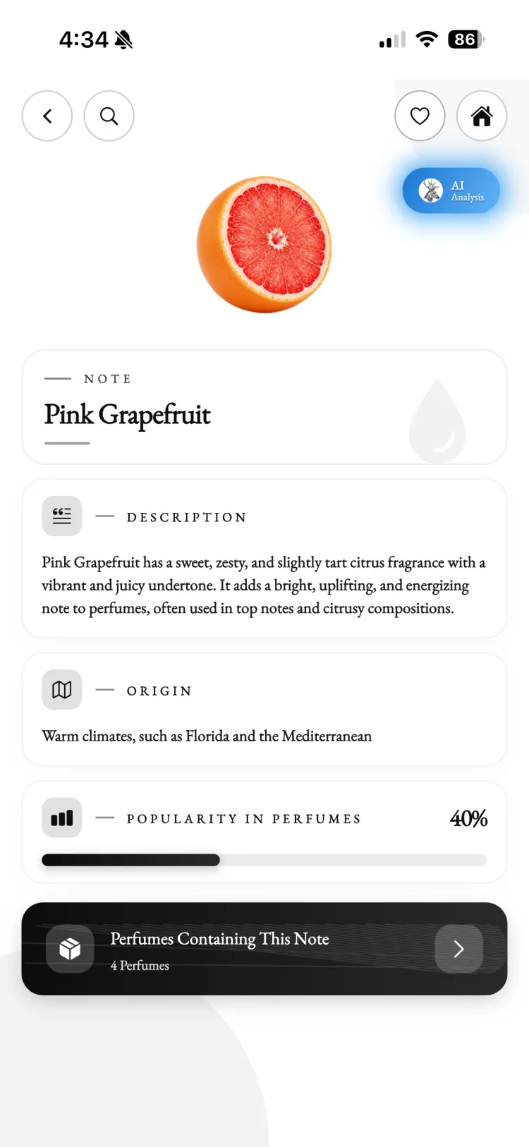 Fragnatique fragrance note detail for pink grapefruit with origin, AI analysis, and popularity in perfumes
