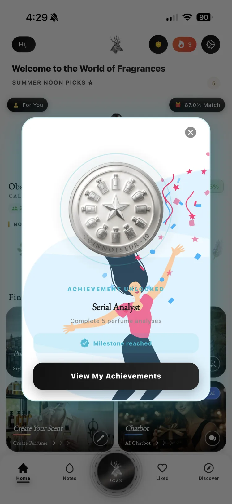 Fragnatique daily picks feed with an 87 percent match and an achievement unlocked for completing five perfume analyses