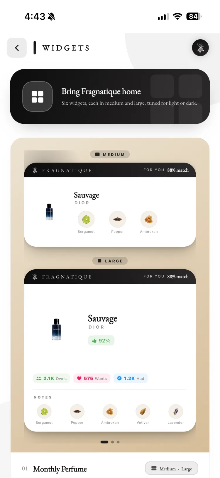 Fragnatique home screen widgets in medium and large sizes for light or dark, surfacing your monthly perfume and match score