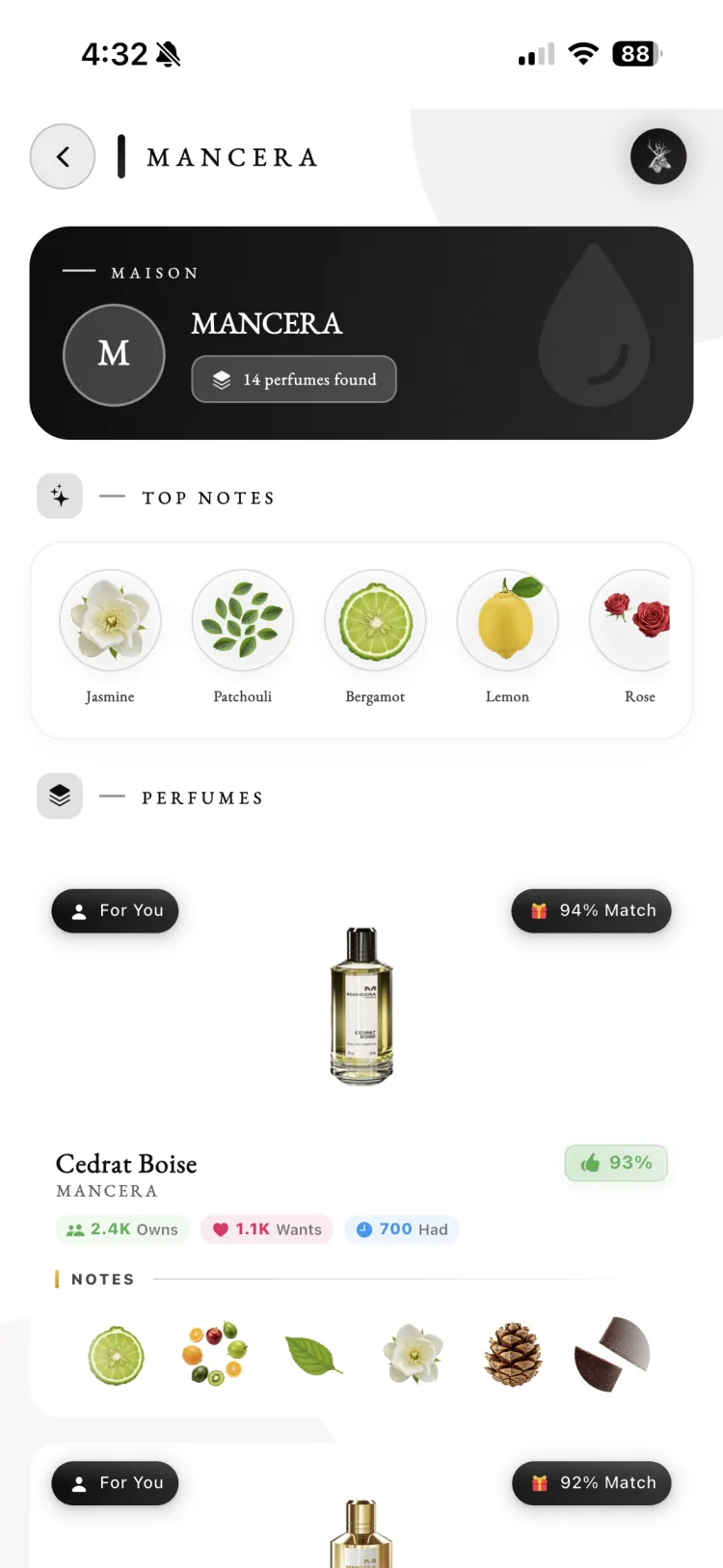 Fragnatique maison page for Mancera listing 14 perfumes with shared top notes and a 94 percent match on Cedrat Boise