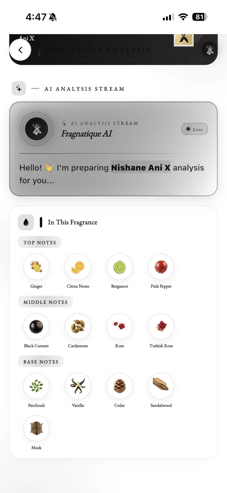 Fragnatique live AI analysis for Nishane Ani X streaming the full top, middle, and base note breakdown of the fragrance