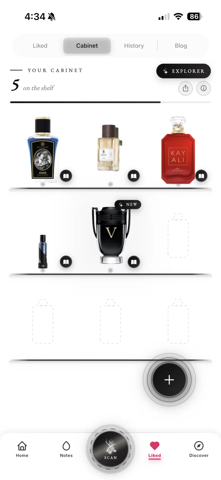 Fragnatique Perfume Cabinet shelf holding a personal fragrance collection with collector level and an on-the-shelf count