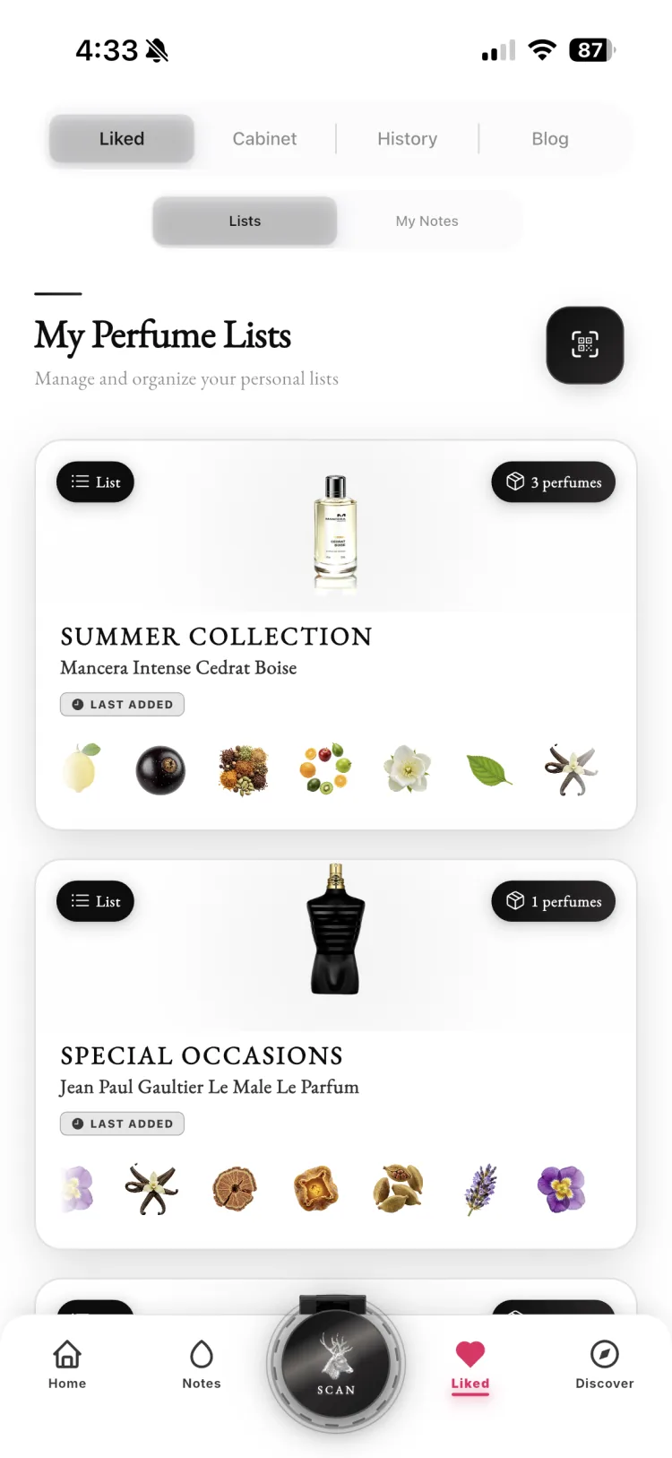 Fragnatique My Lists screen organising personal fragrance collections like Summer Collection and Special Occasions