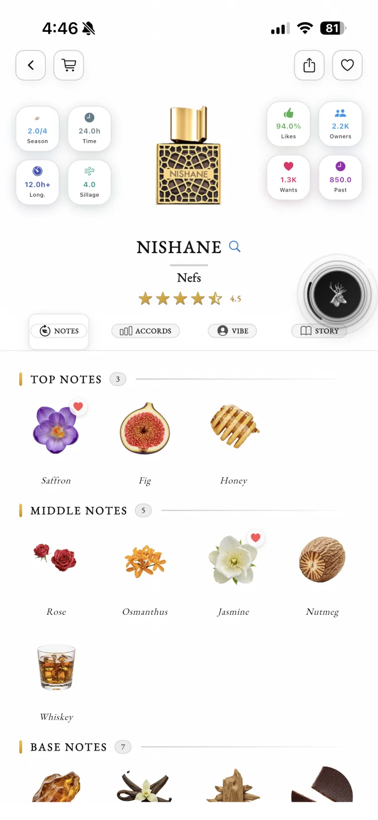 Fragnatique notes pyramid for Nishane Nefs showing top notes of saffron, fig, and honey over a layered heart and base