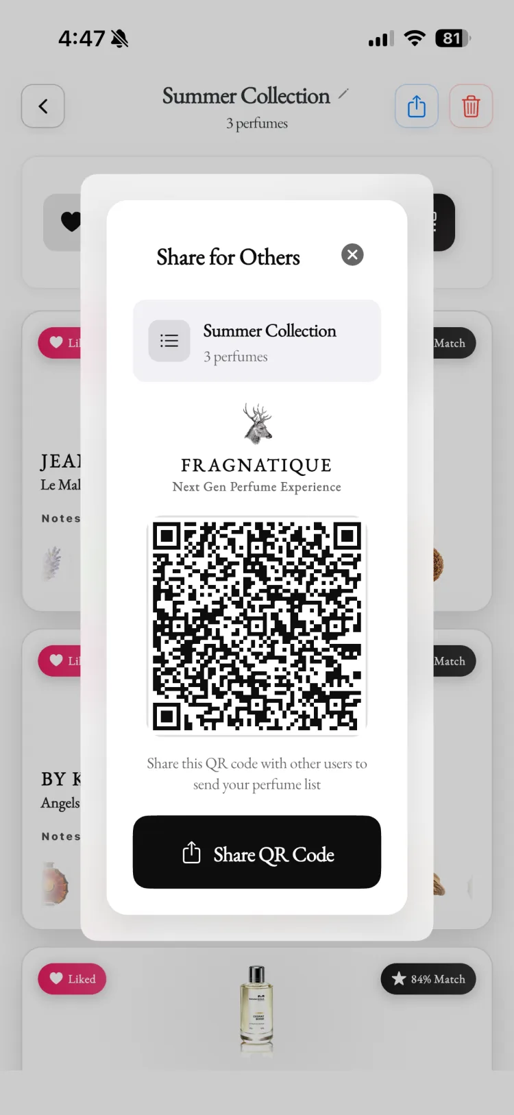 Fragnatique QR share sheet turning a perfume list into a QR code you can send to other users