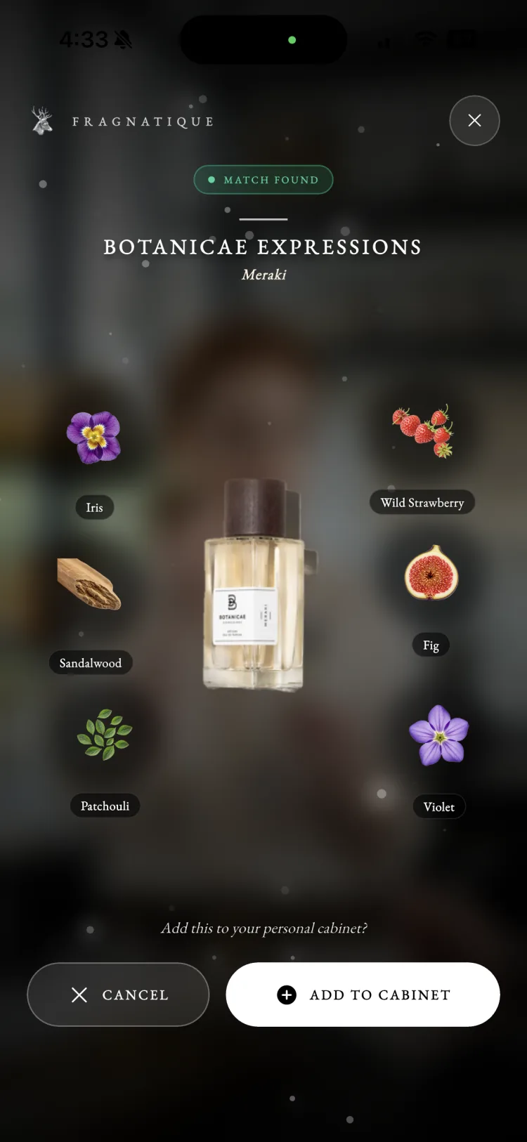 Fragnatique scanner matching Botanicae Expressions Meraki and offering to add the bottle to your personal Cabinet