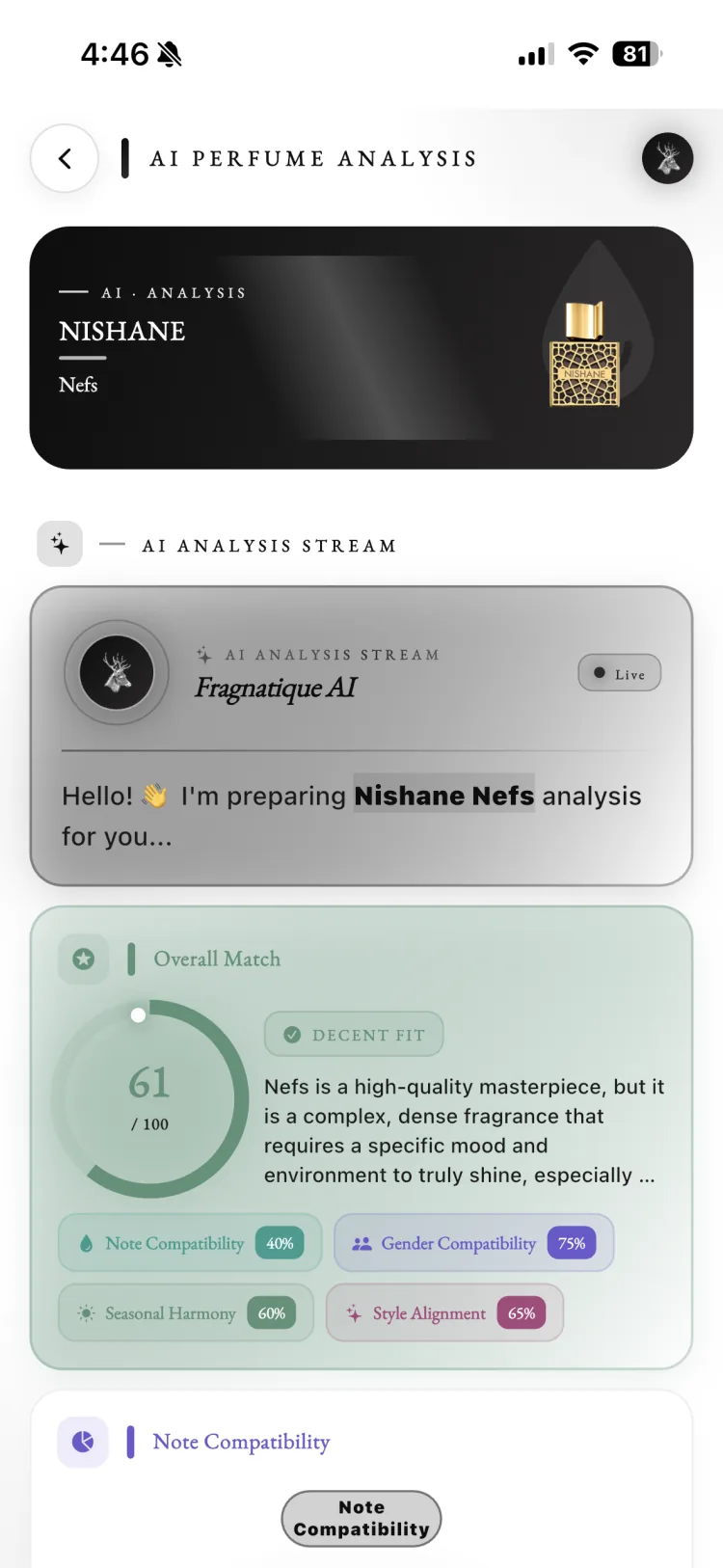 Fragnatique AI perfume analysis scoring overall match, note compatibility, gender, seasonal harmony, and style alignment for Nishane Nefs