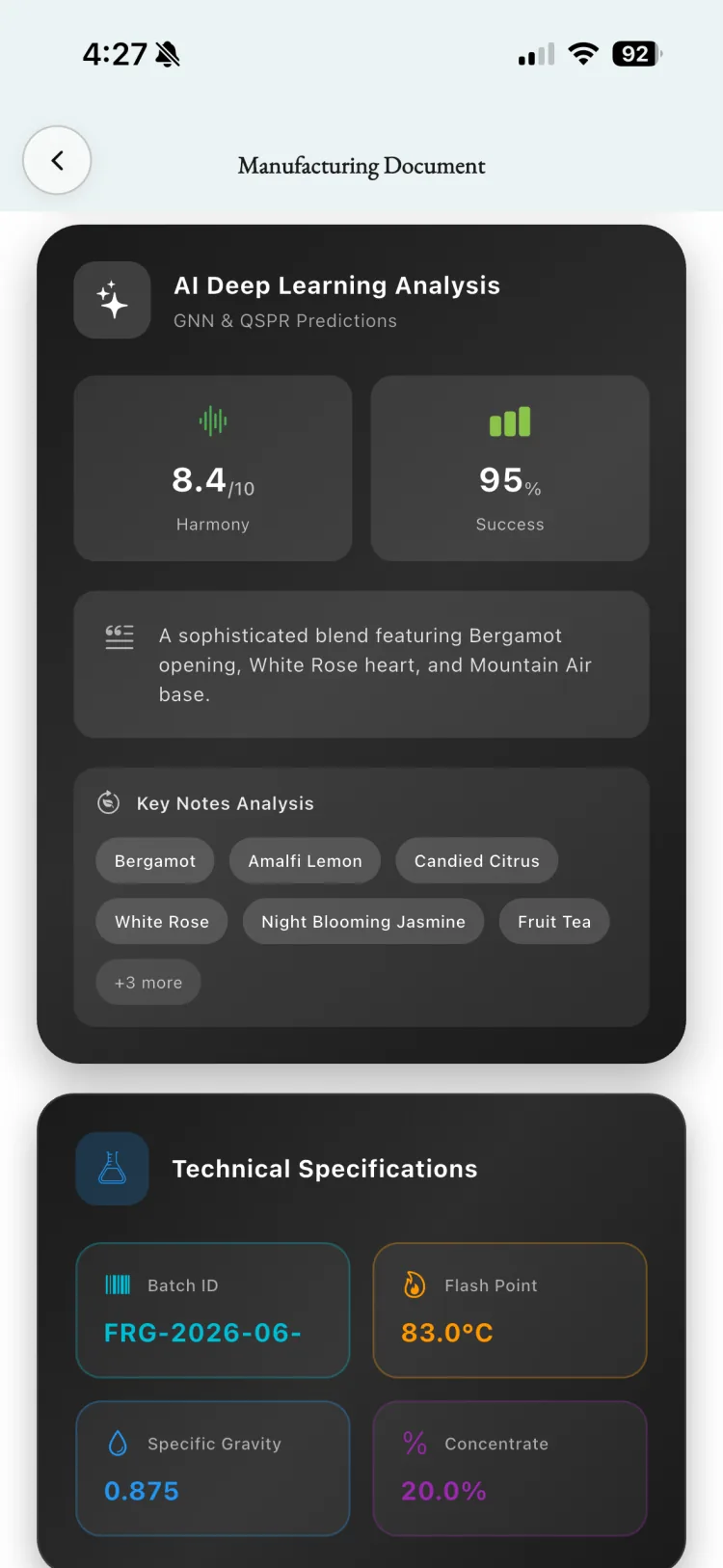 Fragnatique Scent Lab manufacturing AI analysis powered by GNN and QSPR models, predicting 8.4 of 10 harmony and 95 percent success