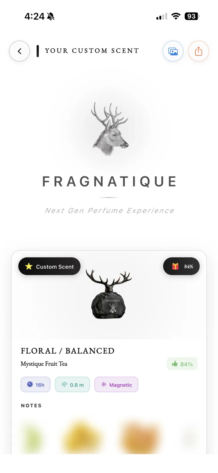 Fragnatique Scent Lab custom scent result, an original floral and balanced perfume named Mystique Fruit Tea scoring 84 percent