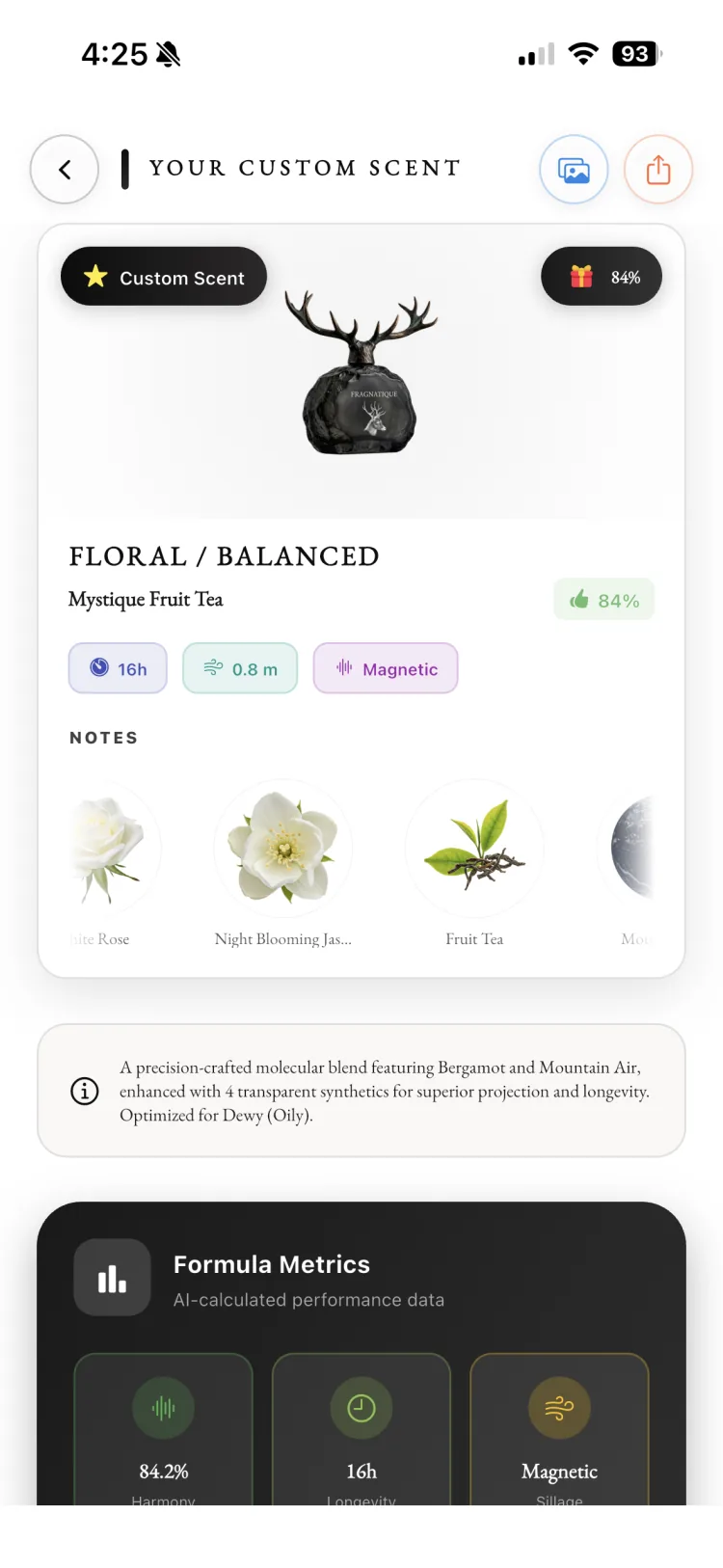 Fragnatique Scent Lab formula metrics with AI-calculated 84 percent harmony, 16 hour longevity, and magnetic sillage