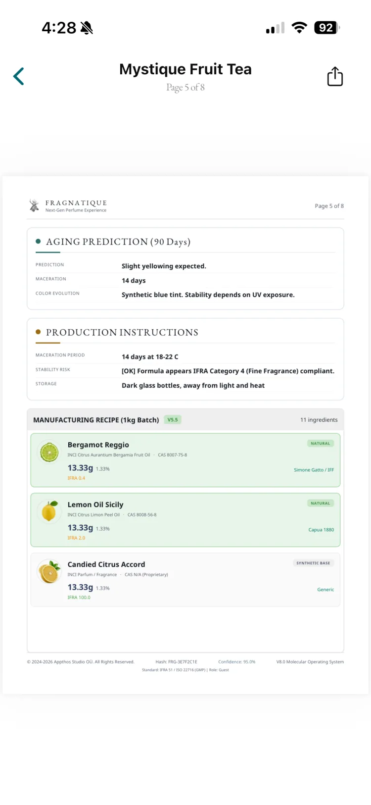 Fragnatique Scent Lab production page with aging prediction, IFRA Category 4 compliance, and production instructions for an original formula