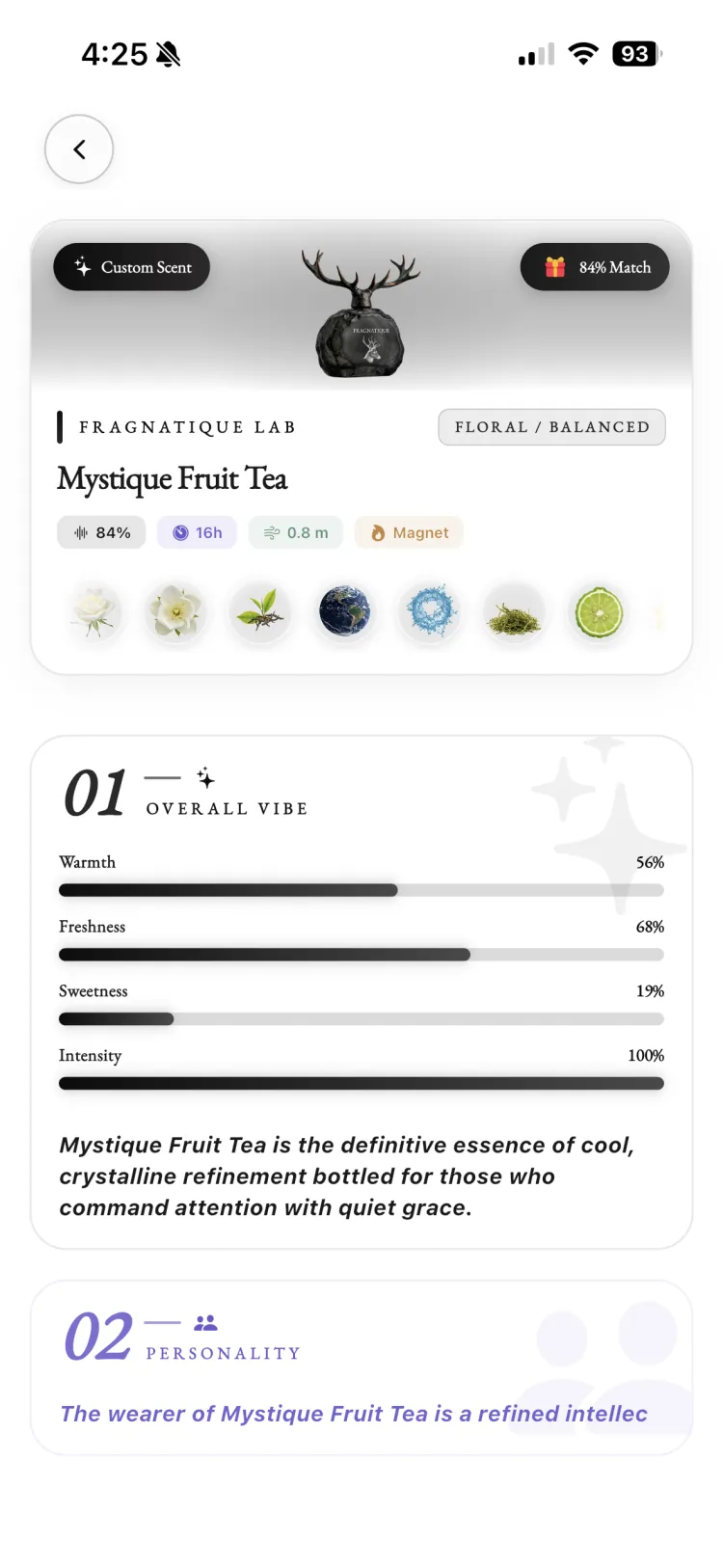 Fragnatique Scent Lab vibe profile rating warmth, freshness, sweetness, and intensity for an original perfume