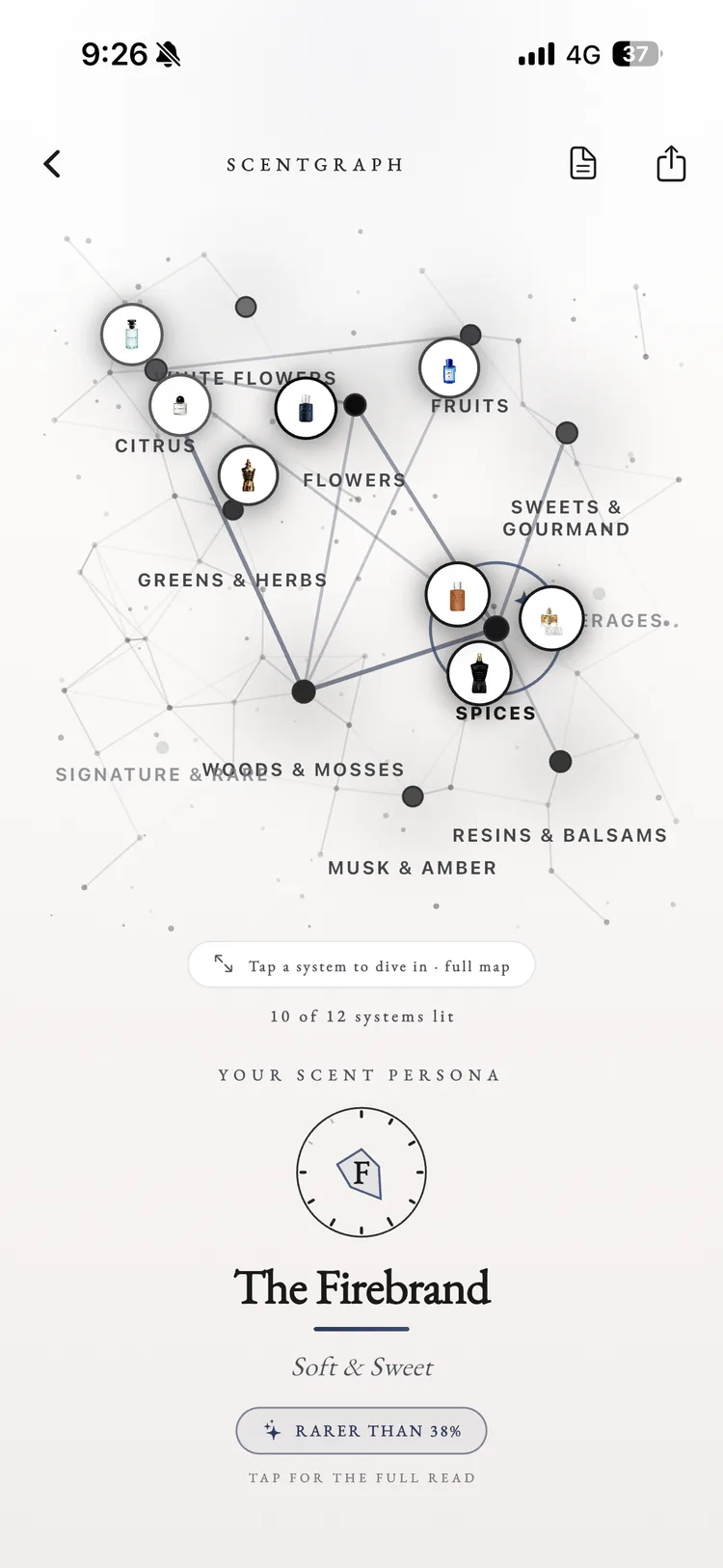 Fragnatique ScentGraph constellation with citrus, white flowers, spices and woods drawn as linked clusters above a scent persona card