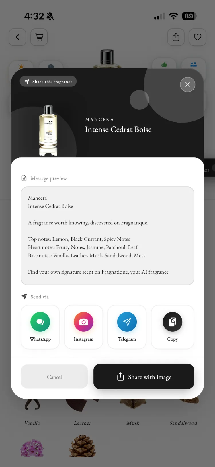 Fragnatique share sheet sending Mancera Intense Cedrat Boise with its top notes over WhatsApp, Instagram, or Telegram